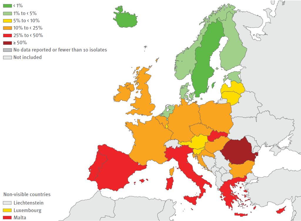 MRSA in Europe Percentage (%) of invasive S. aureus isolates resistant to methicillin (MRSA), 2015 European Centre for Disease Prevention and Control.