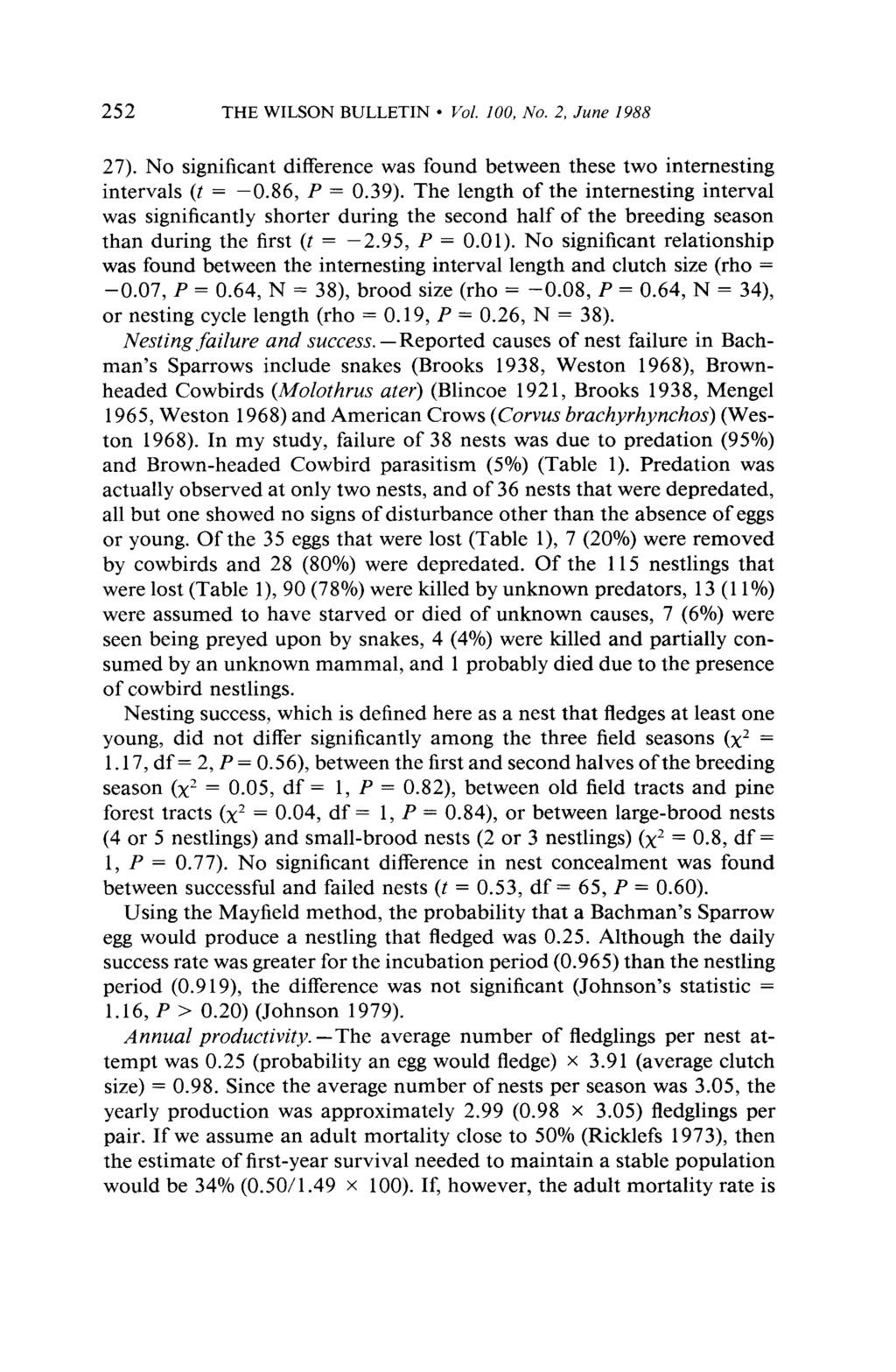 252 THE WILSON BULLETIN l Vol. 100, No. 2, June 1988 27). No significant difference was found between these two internesting intervals (t = -0.86, P = 0.39).