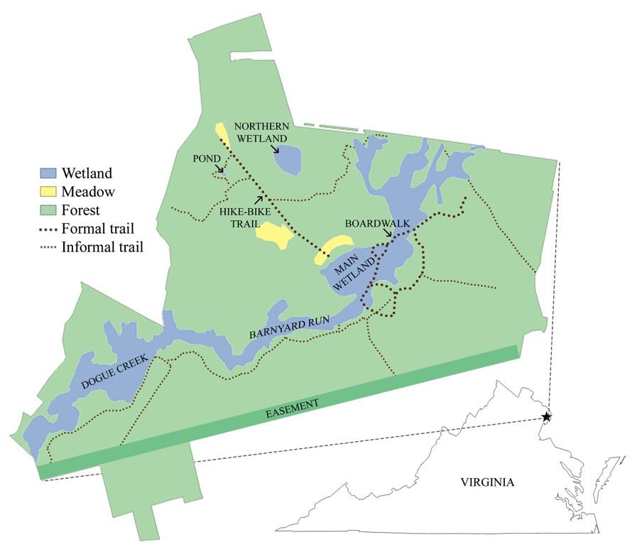 Figure 2-1. Map of Huntley Meadows Park, Alexandria, Virginia, showing the location of major wetlands, meadows, forest, and formal and informal trails surveyed for amphibians and reptiles.