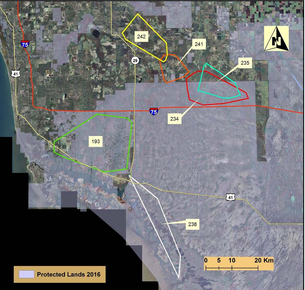 Figure 4. Depiction of the 100% minimum convex polygon home ranges for adult and subadult male Florida panthers monitored by FWC from 1 July 2015 to 30 June 2016.