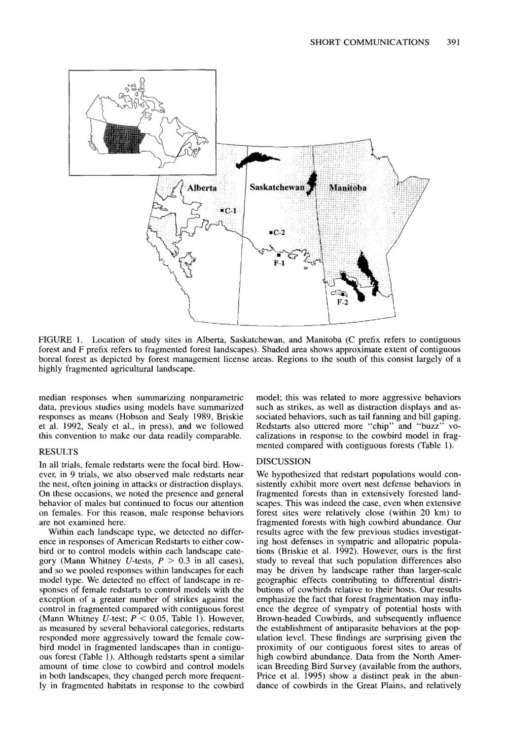 SHORT COMMUNICATIONS 391 FIGURE 1. Location of study sites in Alberta, Saskatchewan, and Manitoba (C prefix refers to contiguous forest and F prefix refers to fragmented forest landscapes).