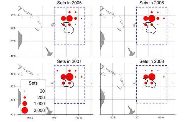Figure 5. Action area: American Samoa longline fishery as shown by dotted blue rectangles. Source: NMFS 20