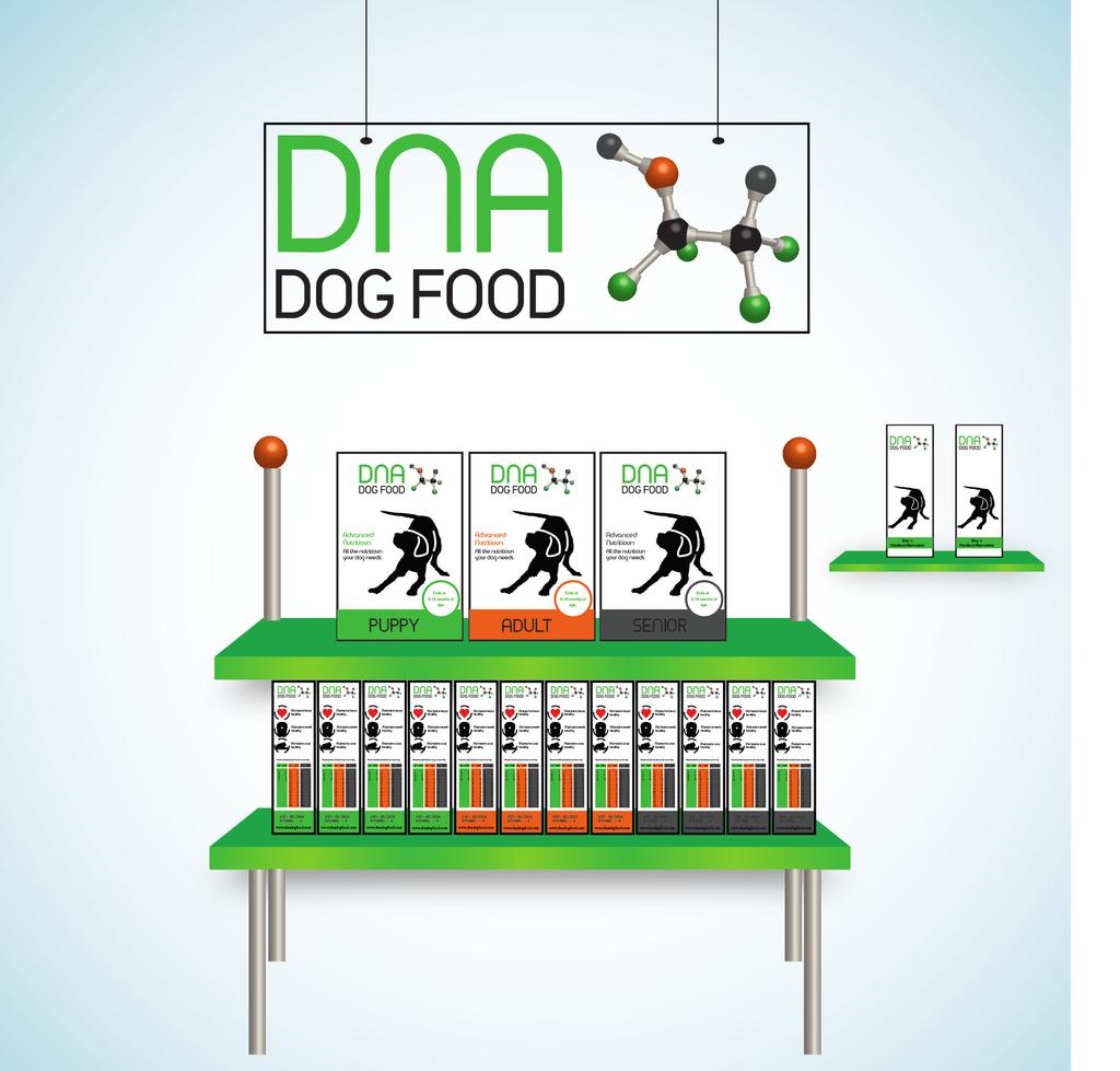 9 Point of sale DNA Dog food products must be placed together in the store. Its important that the three products shows equally. The logo must always be displayed on top.