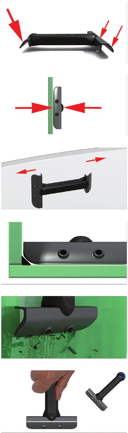 The patented principle, which uses plastic blades with a different length, creates a varying application pressure, enabling the narrow blade to remove even