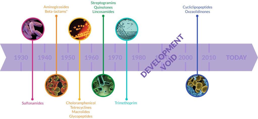Discovery void 40s-60s: glory years of antibiotic discovery (Hancock and Knowles 1998); numerous new classes of antibiotics Very little