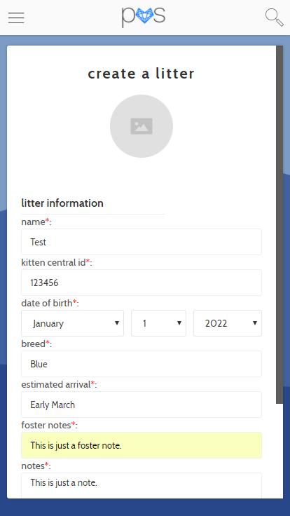 Add a Litter Choosing the Add Litter menu option will take you to