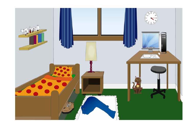C. Look at the picture and then choose the correct answer. 1. Where s the computer? 2. Where are the boy s shoes? A It s by the desk. A It s under the mat. B It s on the desk. B They re on the bed.