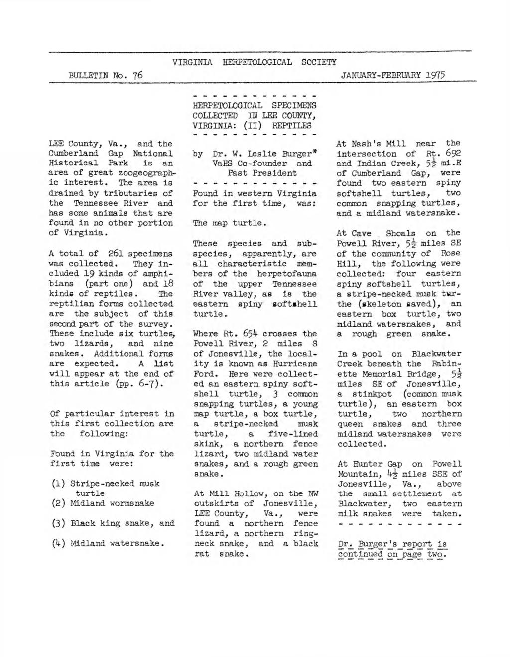 BULLETIN No. 76 VIRGINIA HERPETOLOGICAL SOCIETY JANUARY-FEBRUARY 1975 HERPETOLOGICAL SPECIMENS COLLECTED IN LEE COUNTY, VIRGINIA: (il) REPTILES LEE County, Va.