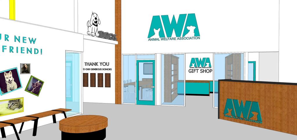 Building a Place Where Happiness Begins In the new adoption center, AWA has planned for: A bright, welcoming lobby with