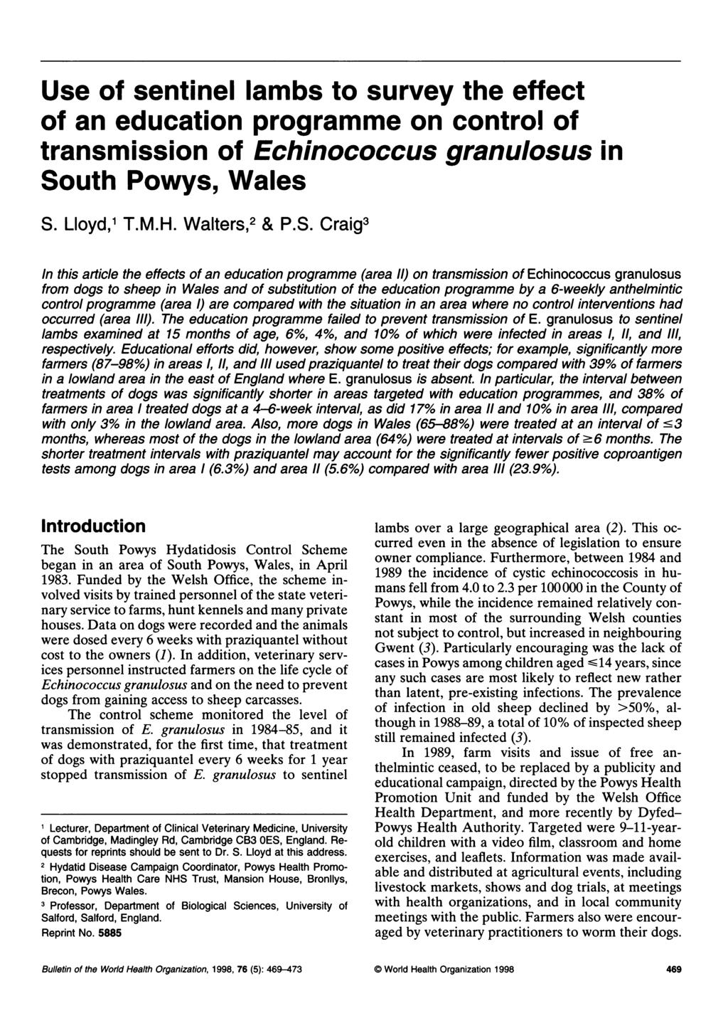 Use of sentinel lambs to survey the effect of an education programme on control of transmission of Echinococcus granulosus in So