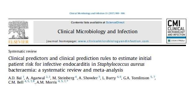 ENDOCARDITE Meta-analysis to summarize diagnostic properties of risk factors and clinicalpredictionrulesfor diagnosing infective endocarditis(ie) in Staphylococcus aureus bacteraemia(sab)