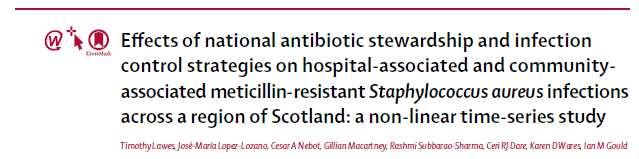 Antibiotic stewardship and MRSA Lancet Infect Dis 2015; 15: 1438 49 Hospital prevalence densities of MRSA were inversely related to: intensifiedinfectionpreventionand control, but positively