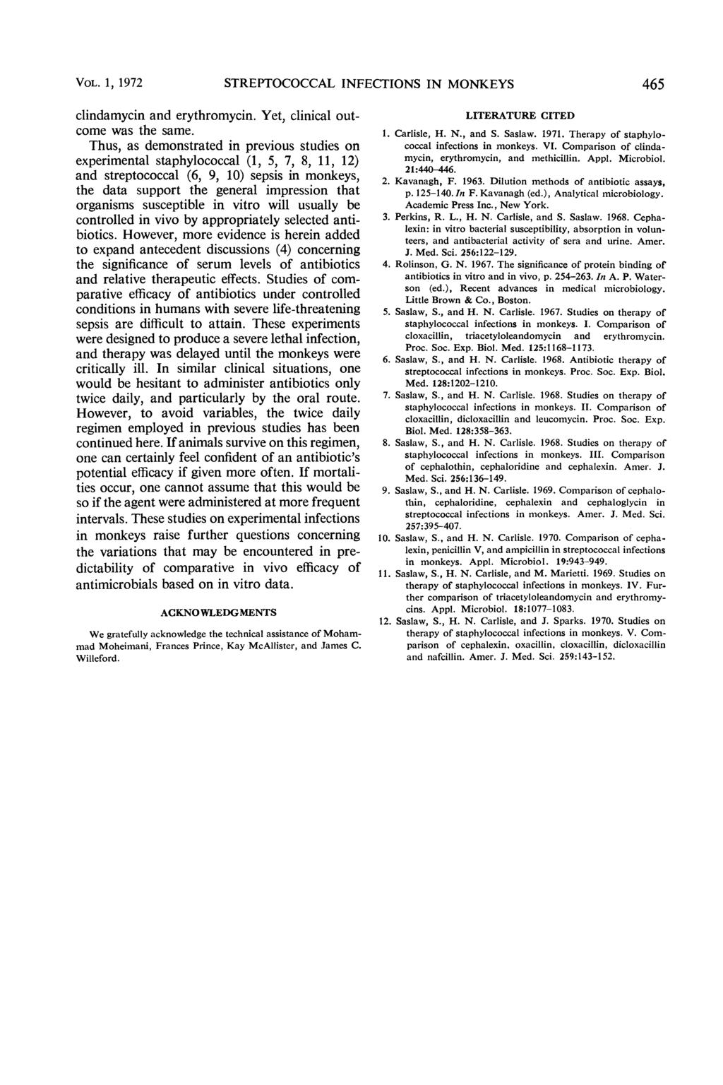 VOL. 1, 197 STREPTOCOCCAL INFECTIONS IN MONKEYS 465 clindamycin and erythromycin. Yet, clinical outcome was the same.
