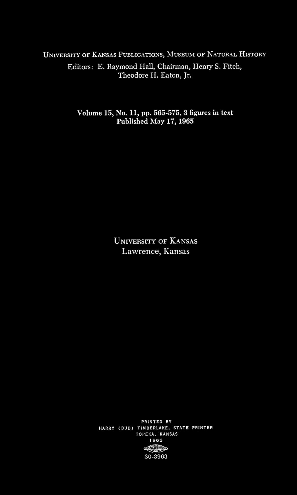 University of Kansas Lawrence, Kansas PRINTED BY