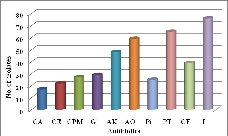 Fig.1 Antibiotic susceptibility pattern of the isolates CA-Ceftazidime, CE-Cefotaxime, CPM-Cefepime, G-Gentamicin, AK-Amikacin, AO-Aztreonam, Pi-Piperacillin, PT - Piperacillin-Tazobactam,