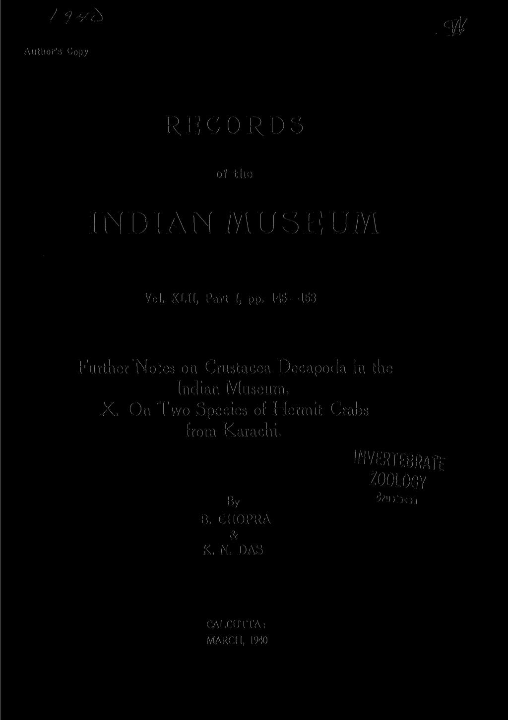 / A / / / i Author's Copy RECORDS of the INDIAN MUSEUM Vol. XLII, Part I, pp.