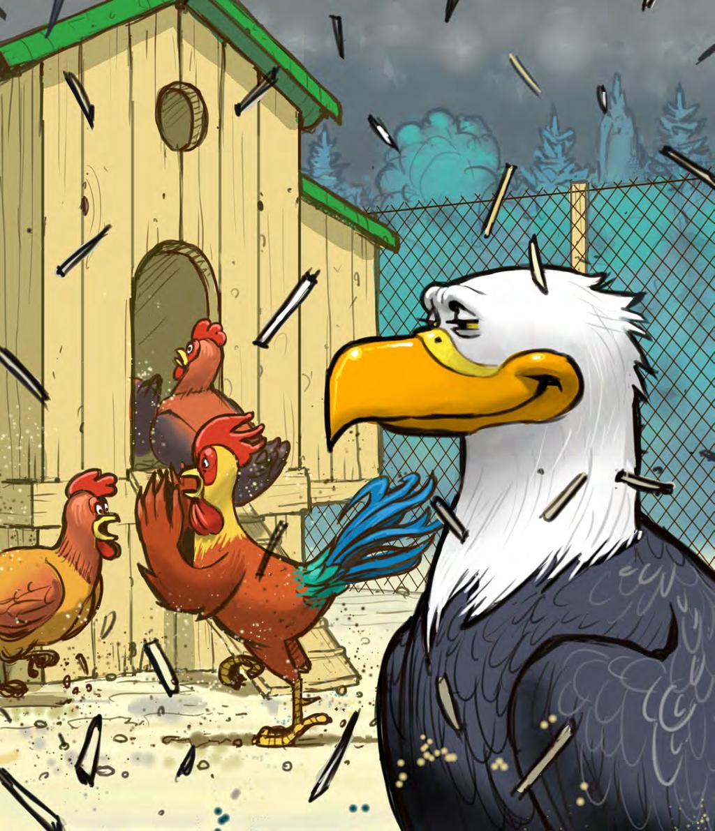 One day a mighty wind storm ripped across the barnyard. Run inside! shouted the rooster.
