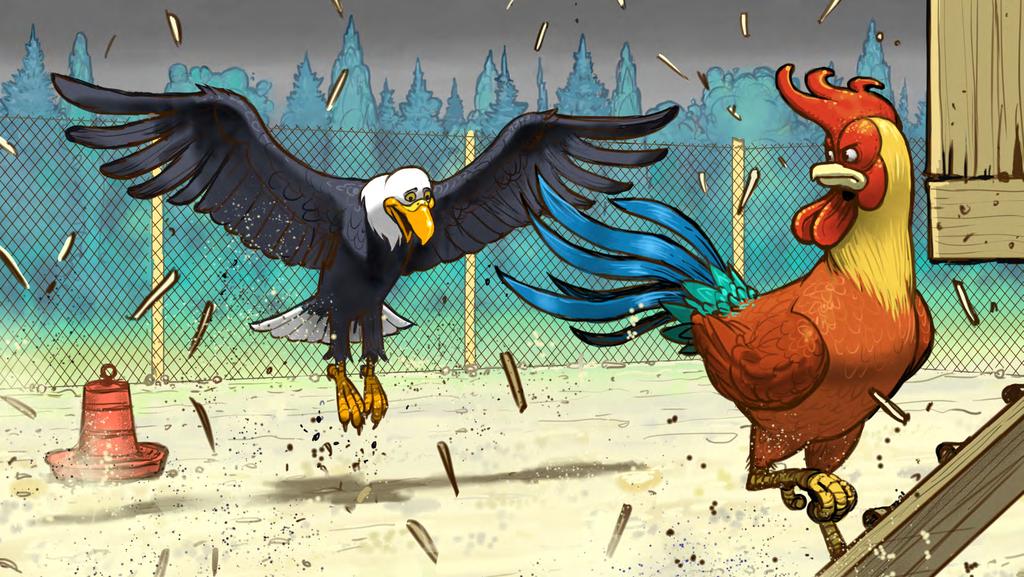 22 When the rooster ran into the chicken coop, he turned around and saw the eagle spreading out his wings. He was furious.