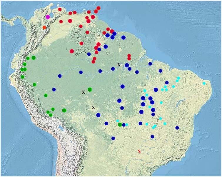 Fig 7. The distribution of members of the genus Tupinambis. Large circular markers denote the localities of specimens sampled for DNA.