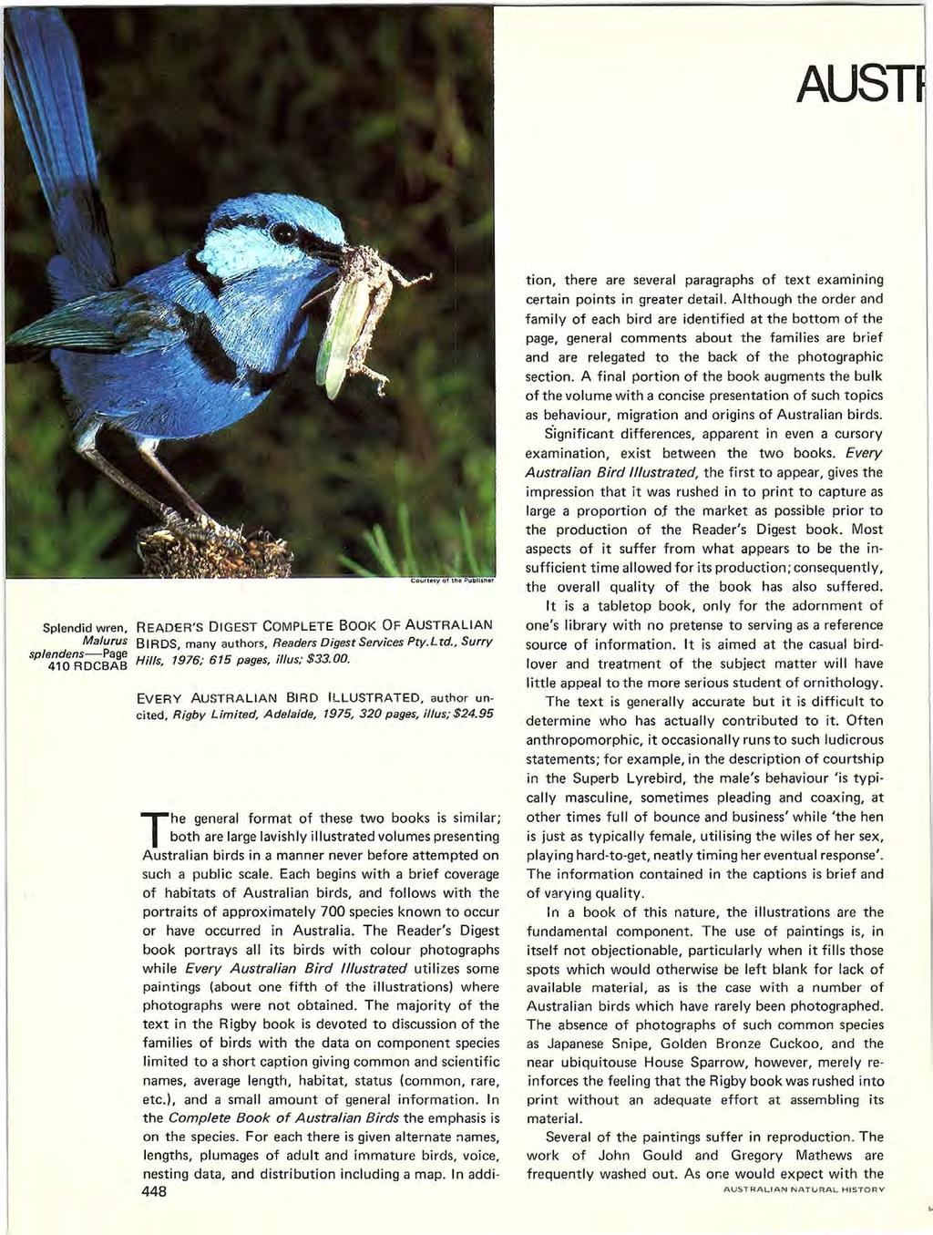 Splendid wren, READER'S DIGEST COMPLETE BOOK OF AUSTRALIAN Malurus BIRDS, many authors, Readers Digest Services Pty.Ltd., Surry splendens-page Hills, 1976; 615 pages, illus; $33.00.