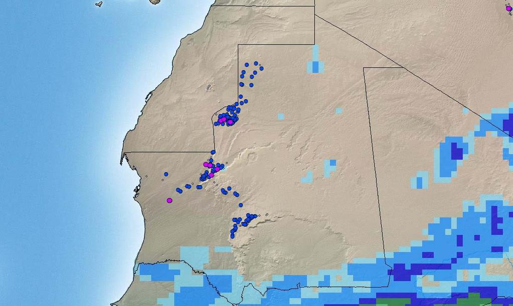Zouerate N Beika Tidjikja June 2016 swarms bands groups June 2016 rainfall 0 100 200 300 mm source: IRI RFE adults hoppers egg-laying no locusts JUNE 2016 Due to drying