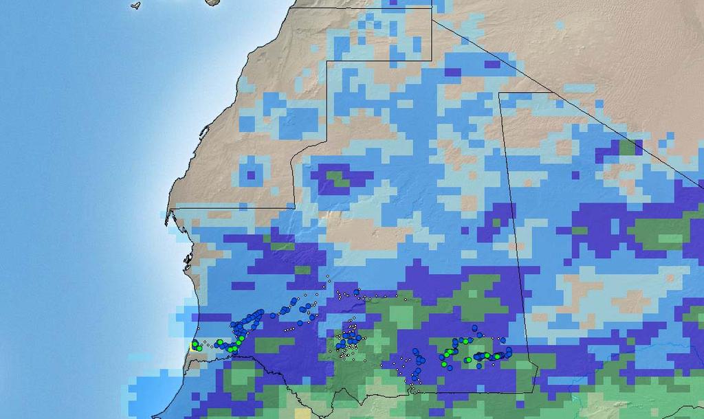 Aug 2016 swarms Tidjikja potential area of breeding (summer 2016) bands groups adults Aug 2016 rainfall Kiffa Aioun Nema hoppers egg-laying 0 100 200 300 mm source: IRI RFE no locusts AUG 2016