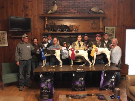 2018 NGSPA PHEASANT CHAMPIONSHIPS DERBY CLASSIC - Left to Right Dan DiMambro, April Raber, Anthony Rusciano, Judge Lisa Pollock, Dayna Rusciano with HighStandings Cuttin Edge, Giovanni Goegan, Stacy