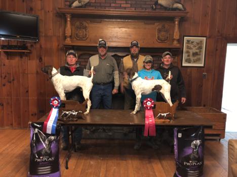 2018 NGSPA PHEASANT CHAMPIONSHIPS AMATEUR SHOOTING DOG - Left to Right in front of fence Front row: Hank Lewis with Runner Up - In Country s Cummins Diesel and Chase Verdoorn with Champion Snowy