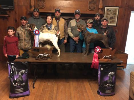 2018 NGSPA PHEASANT CHAMPIONSHIPS OPEN SHOOTING DOG Left to Right Giovanni Goegan, Chris Goegan, Joe Orndorff, Stacy Goegan with Jokes on You Buddy, Chase Verdoorn, Mark Verdoorn, April Raber with