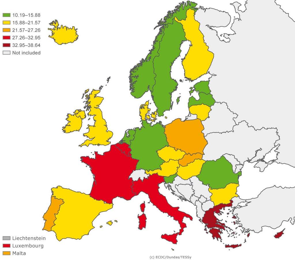 Antimicrobial Consumption in Europe - 2009 Total consumption of antibiotics for systemic use expressed in DDD per 1 000 inhabitants and per day in 2009 Source: ESAC 2010 / ESAC-Net / ECDC Data