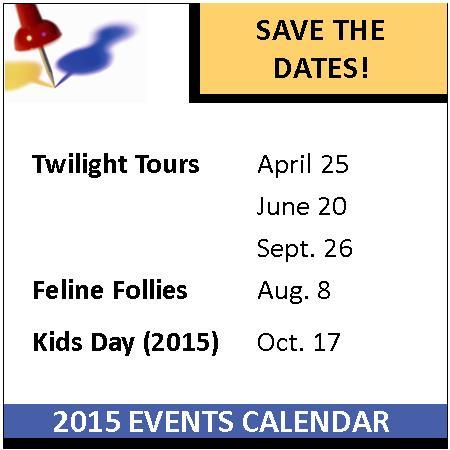 Now Available: 2015 calendars starring the cats of EFBC-FCC! Important dates, including our Twilight Tours and Feline Follies are also noted, so you won t miss any important events in 2015.