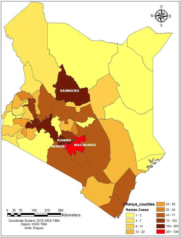 Rabies burden by county Machakos, Makueni and Nairobi cumulatively had the