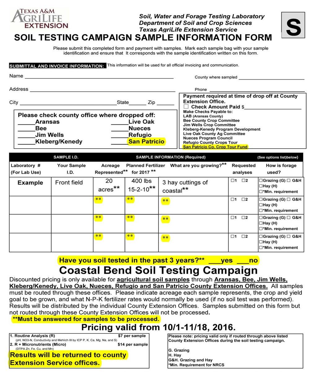 Soil sample bags and forms are available at