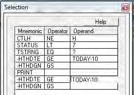 LACTNO, LDOT#M, HTHDTE, HTHDGN, HTHTCN. b. Go to Select Logic, circled in red above. c. In the Selection window, change the STATUS Operand to 7.