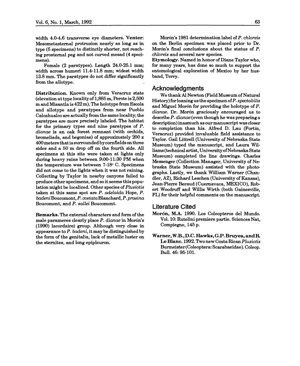 Vol. 6, No. 1, March, 1992 width 4.0-4.6 transverse eye diameters.