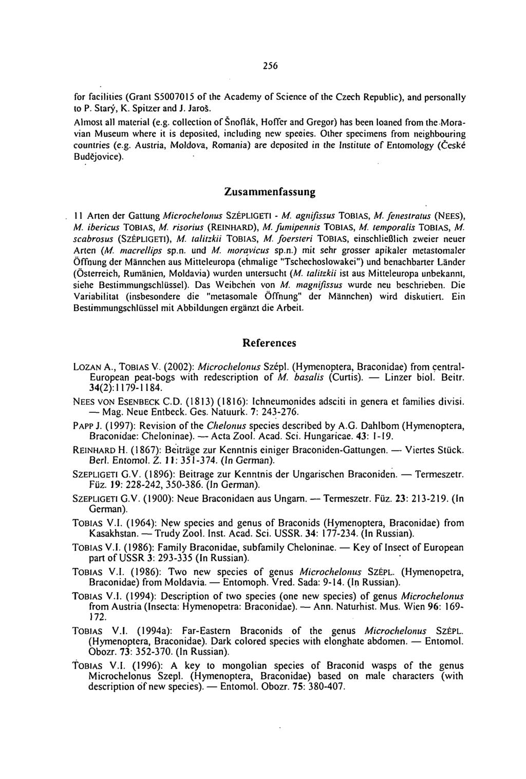 256 for facilities (Grant S5007015 of the Academy of Science of the Czech Republic), and personally to P. Stary, K. Spitzer and J. Jaros. Almost all material (e.g.