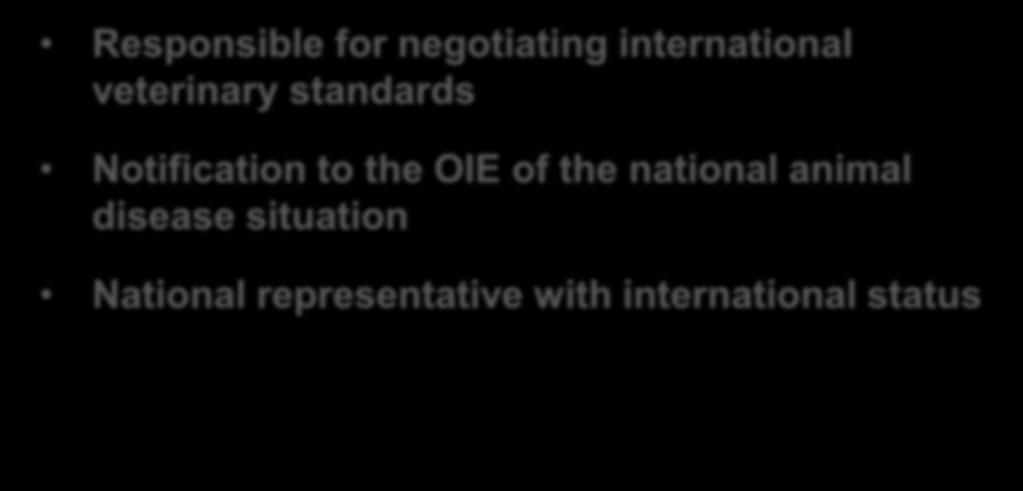 The Delegate National Focal Point for the OIE APPOINTED by the national government Most frequently, the country s Chief Veterinary Officer FUNCTIONS AND STATUS Responsible for negotiating