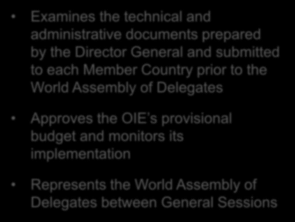 Council Represents the World Assembly of Delegates FUNCTIONS Examines the technical and administrative documents prepared by the Director General and submitted to each Member Country prior to the