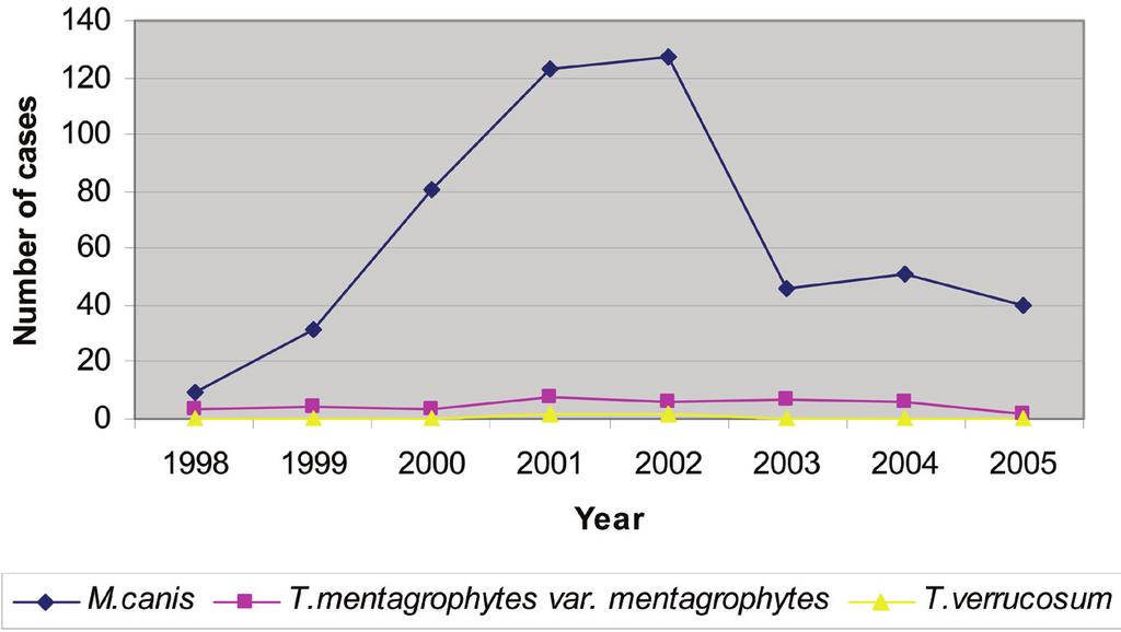 Asja Prohić et al.: Dermatophytoses in Sarajevo Area matophytes (2-4). The increasing frequency of M.