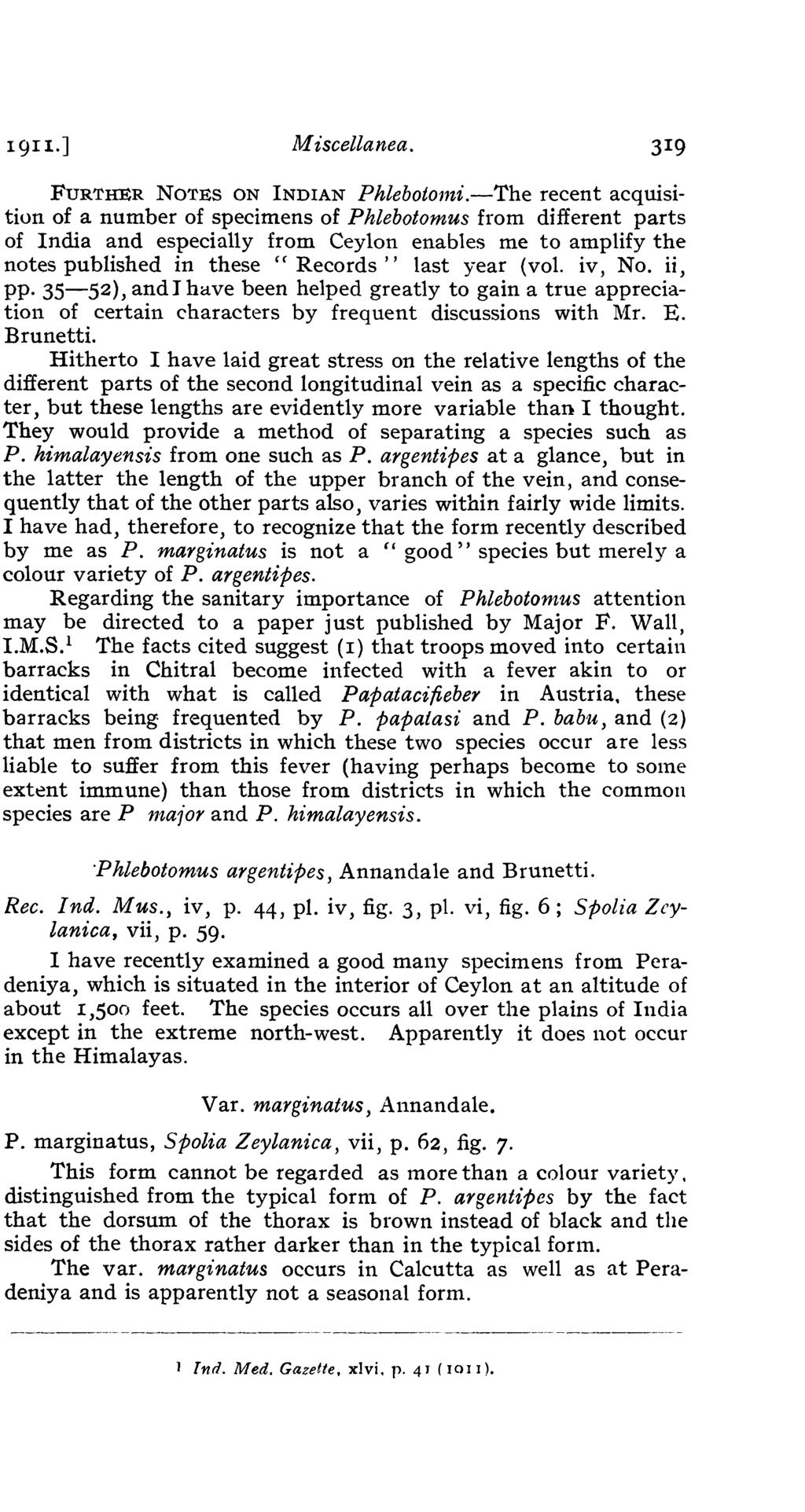 1911.] Miscellanea. FURTHER NOTES ON INDIAN Phlebotol1ti.