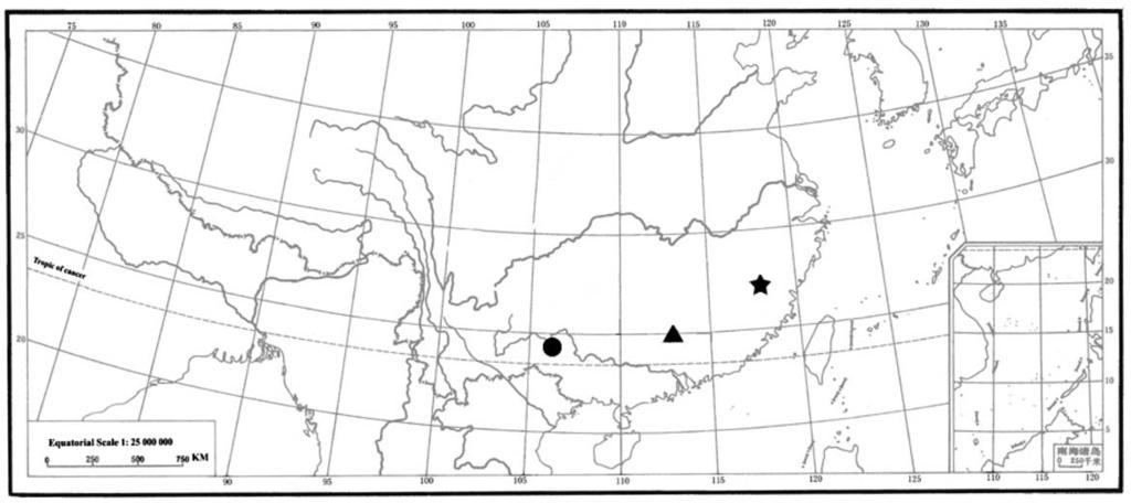 Wang et al.: New Species of Longipenis from China 353 Fig. 1. Distribution of Longipens species. L. deltidius Wu ( ); L. paradeltidius M. Wang and Xiong, sp. nov. ( ); L. dentivalvus H. Wang and M.