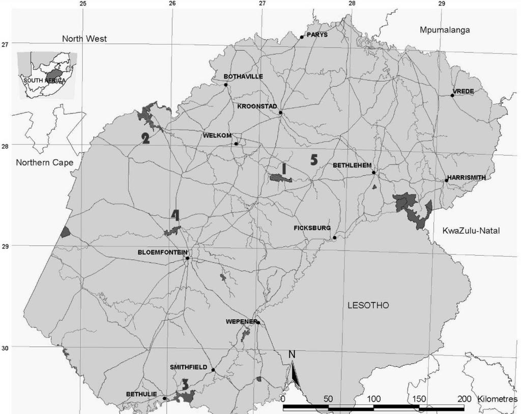 438 JOURNAL OF WILDLIFE DISEASES, VOL. 45, NO. 2, APRIL 2009 FIGURE 1. Study areas in the Free State Province of South Africa.
