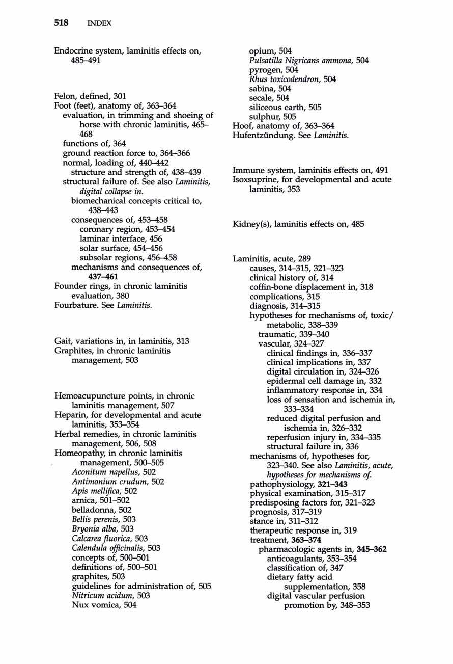 518 INDEX Endocrine system, laminitis effects on, 485-491 Felon, defined, 301 Foot (feet), anatomy of, 363-364 evaluation, in trimming and shoeing of horse with chronic laminitis, 465 468 functions