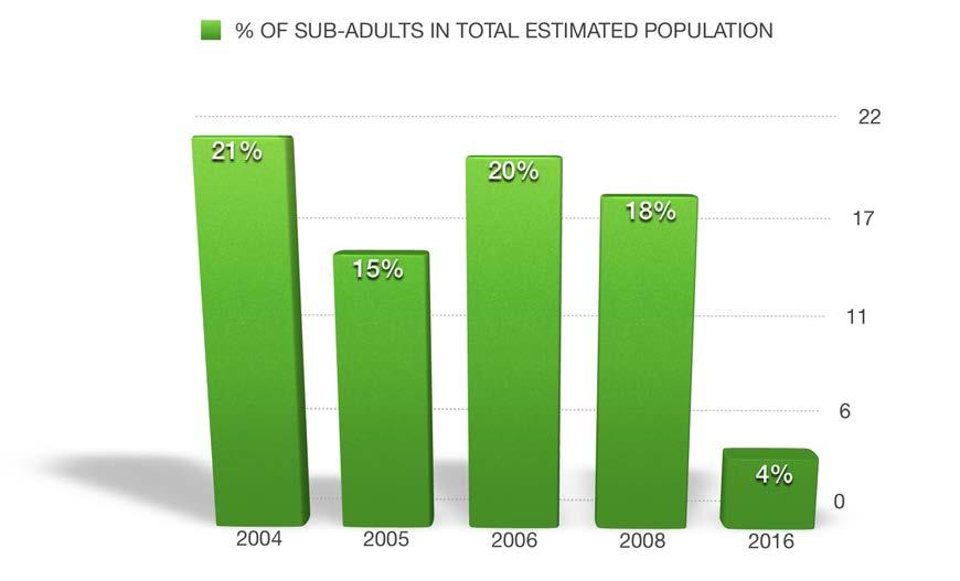 Figure 4. A comparison of the percentage representing sub-adults for each of the 5 surveys conducted since 2004.