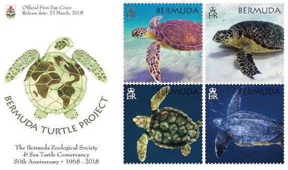 A First Day Cover (Envelope with issue date cancel on four stamps and Bermuda Turtle Project Liner Notes about stamp issue) costs $6.50. A souvenir sheet costs $1.45 (.10c and $1.35 stamp).