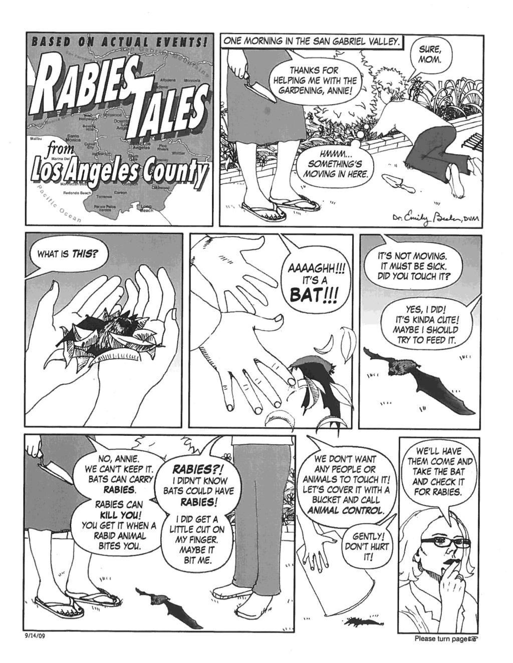 Read the comic below with your family and friends to learn more about rabies. Is that a bat in the yard?