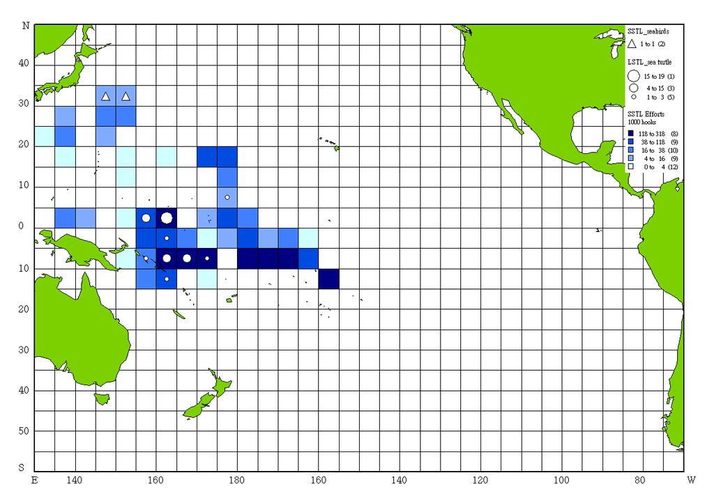 Figure 5 Distribution of observed efforts, seabirds and turtles bycatch by Taiwan SSTLVs between 2012 and 2013 Frigatebirds 2.3% Petrels 4.