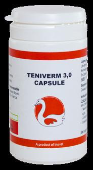 0 Composition per capsule: 50.9 mg Levamisole 240.0 mg Niclosamide Teniverm 3.0 is an anthelmintic for the treatment of gastrointestinal nematodes and cestodes in cage birds and pigeons.