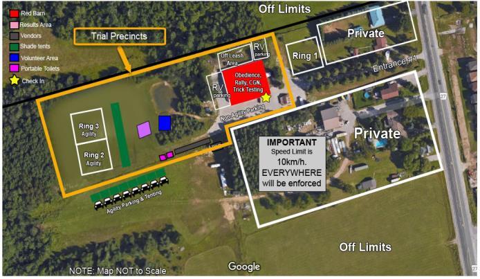Site Information Site Map Trial precincts are outlined in orange Obedience and Rally Obedience (Indoors) Parking and Crating Information These events occur inside the Red Barn Event Centre on Friday,