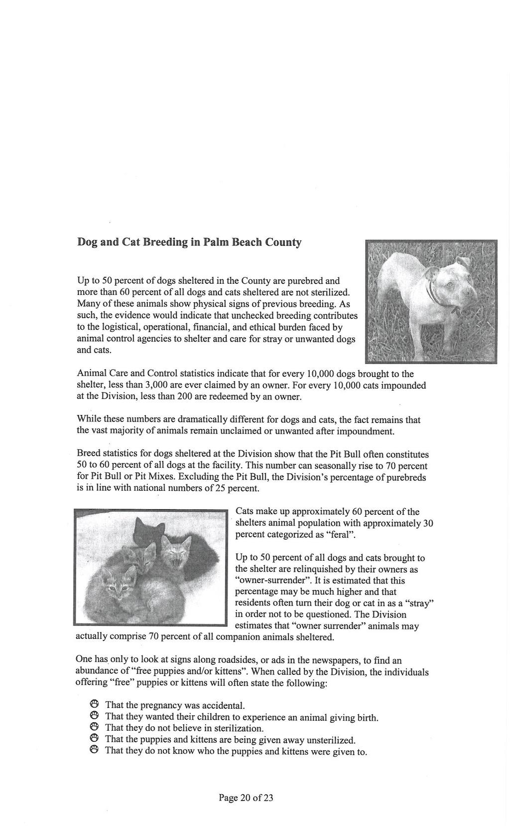 Dog and Cat Breeding in Palm Beach County Up to 50 percent of dogs sheltered in the County are purebred and more th:;m 60 percent of all d!ogs and cats sheltered are not sterilized.